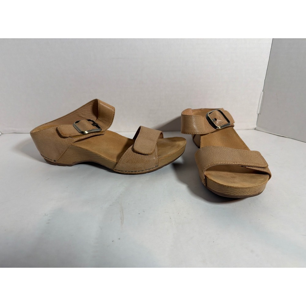 Dansko Womens Tan Leather Wedge Slide Sandals Buckle Straps 41 1711371600